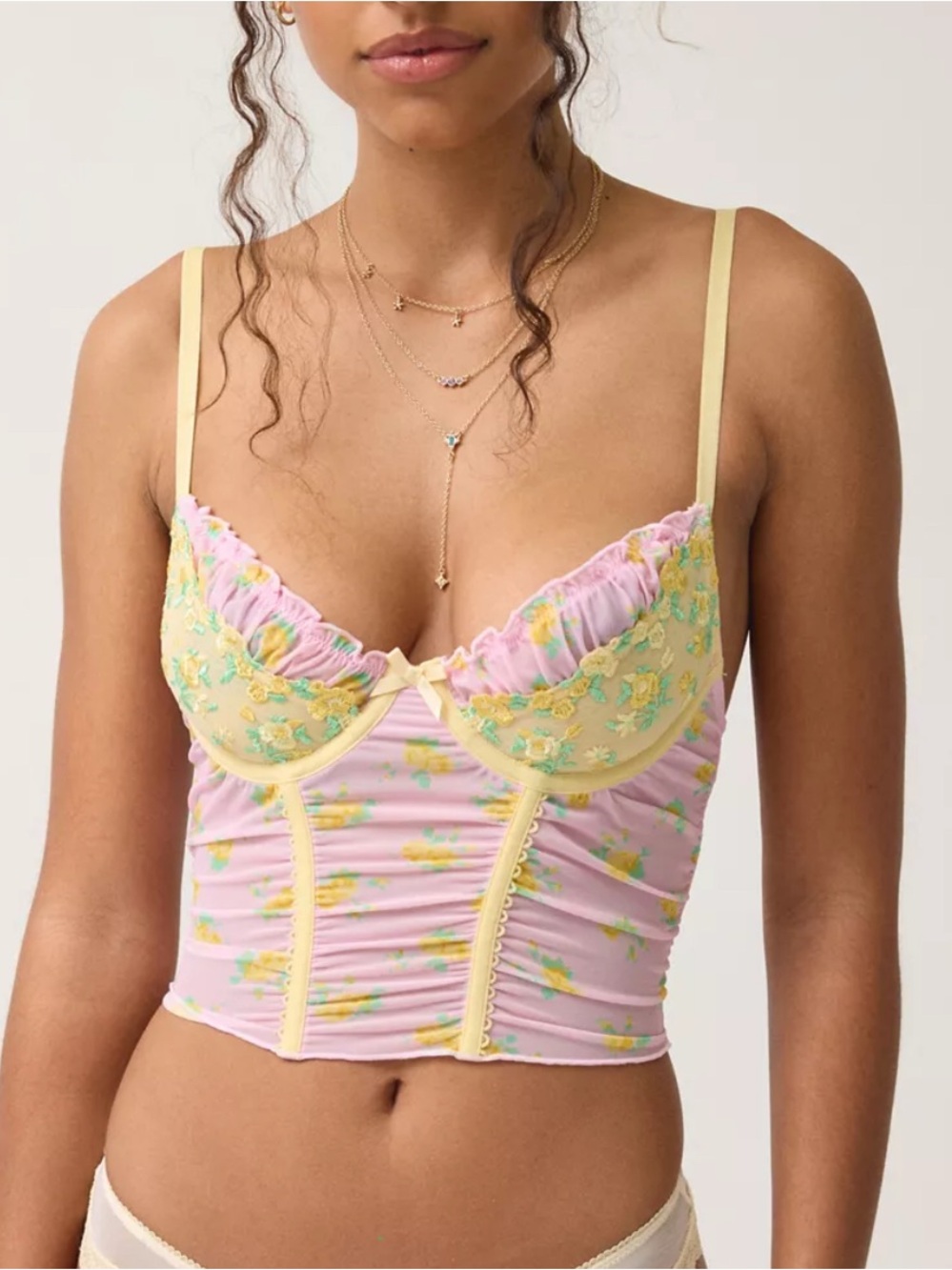 Pastel Pink Floral Lace-Trim Bustier Cami with Yellow Accents